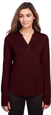 North End NE400W Women's JAQ Stretch Performance V-Neck Snap Pullover T-Shirt in Burgundy size XS   Triblend