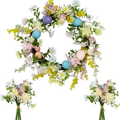 Garvee Artificial Floral Easter Wreath for Front Door – Spring Flower Wreath Artificial Floral Door Wreath on Real Rattan Base
