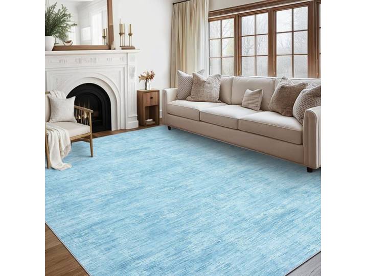 Tapis poils courts lavable antidérapant anti-bouloches déco bureau salon chambre bleu 200×290cm