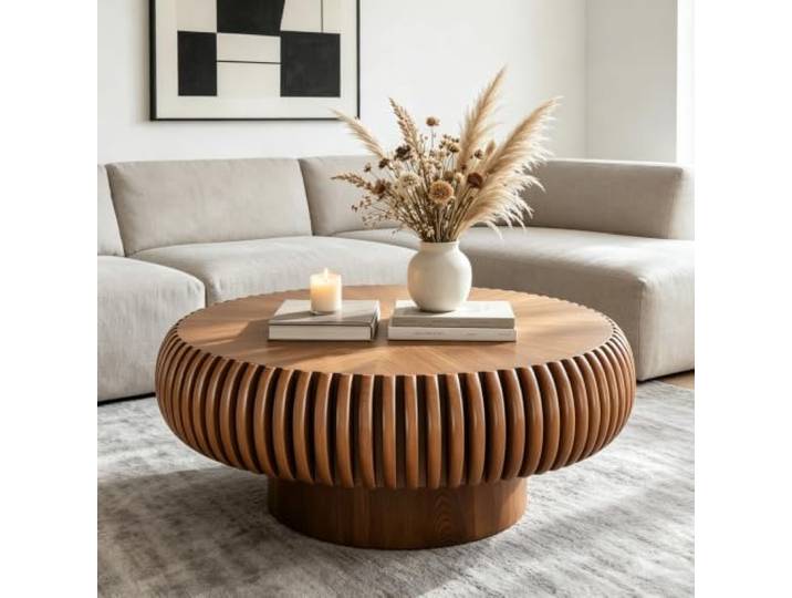 RYDZCLH Runder Couchtisch 80 cm Durchmesser, Runder Holztisch, Moderner, Einzigartiger Couchtisch Mit Rillenmuster, Beistelltisch Für Wohnzimmer, Kleine Räume, Wohnung,Braun,80cm