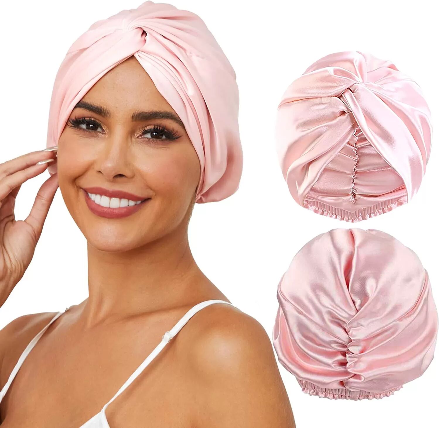 INF 2er-Pack Satin-gefütterte Haube für lockiges Haar, doppellagiger Schlafhut für Damen Rosa