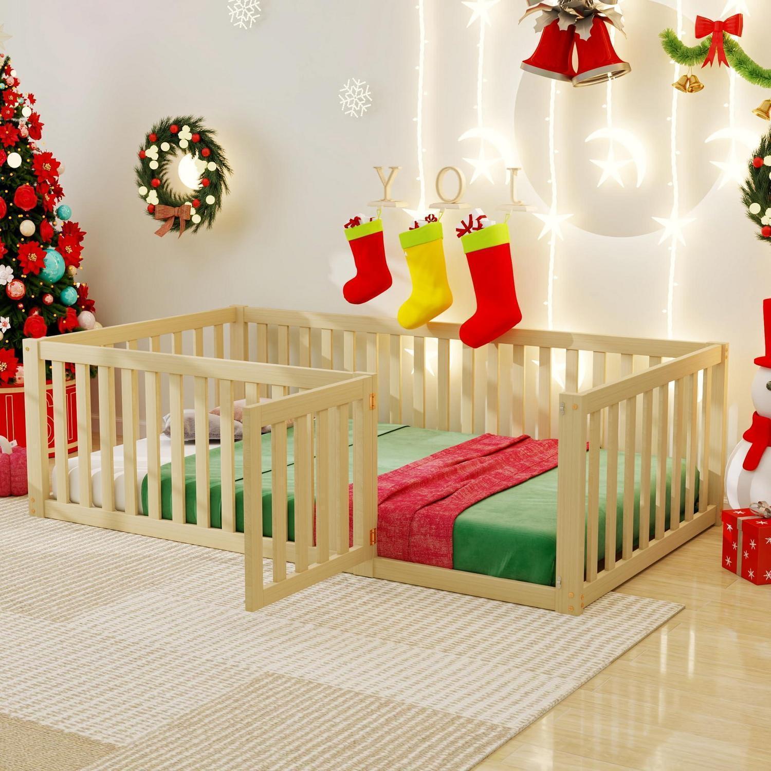 Kinderbett Bodenbett 90x200cm Holzbett mit Zaun und Tür Natur