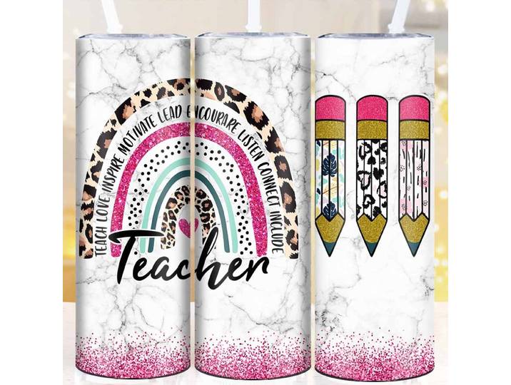 Gobelets maigres en acier inoxydable avec couvercle en paille, tasse isotherme, impression 3D, arc-en-ciel et crayon, cadeaux de la journée des enseignants pour les enseignants, 20oz, 1PC