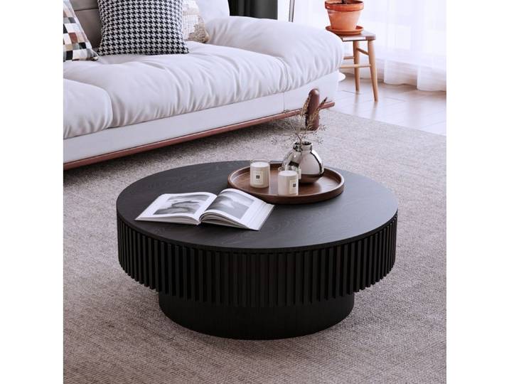 VUENOR Table basse ronde 75 cm noire – plateau amovible rangement caché et décor rainuré