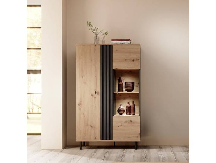 Lomadox Highboard Vitrine mit 90 cm Breite in Eiche, 2 Türen, LED Beleuchtung, Kommode, Schrank, Hochkommode, Vitrine, Vitrinenschrank