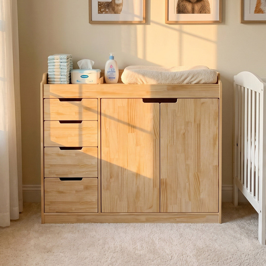 Brambly Cottage Solid Pine Nappy Changing Unit, 4 Drawers & Storage Cupboard, Natural Brown 100cm H X 118cm W X 45cm D