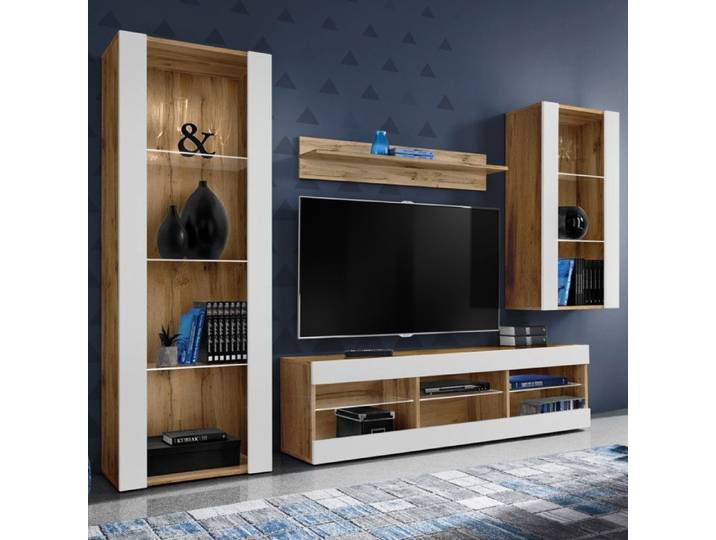 Meuble TV Tivoli Set Medio Komodee - sans LED - Blanc Mat et Bois naturel - 195x159x35 cm
