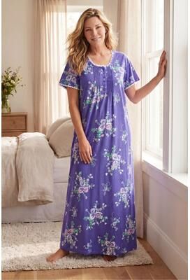 Plus Size Women's Long Pintuck Knit Gown by Only Necessities in Periwinkle Floral (Size 1X)