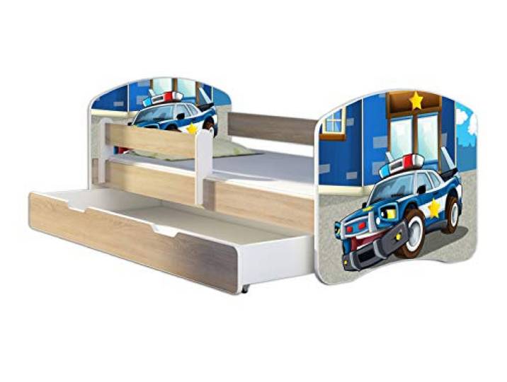 ACMA Kinderbett 180x80 Jugendbett mit Einer Schublade und Matratze, Farbe Sonoma mit Rausfallschutz Lattenrost II Spielbett Kinderzimmer Möbel, 38 Polizei