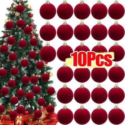 Uplift Treasures Red Flocked Christmas Ball Ornaments 6cm Tree Decorations red 3pcs
