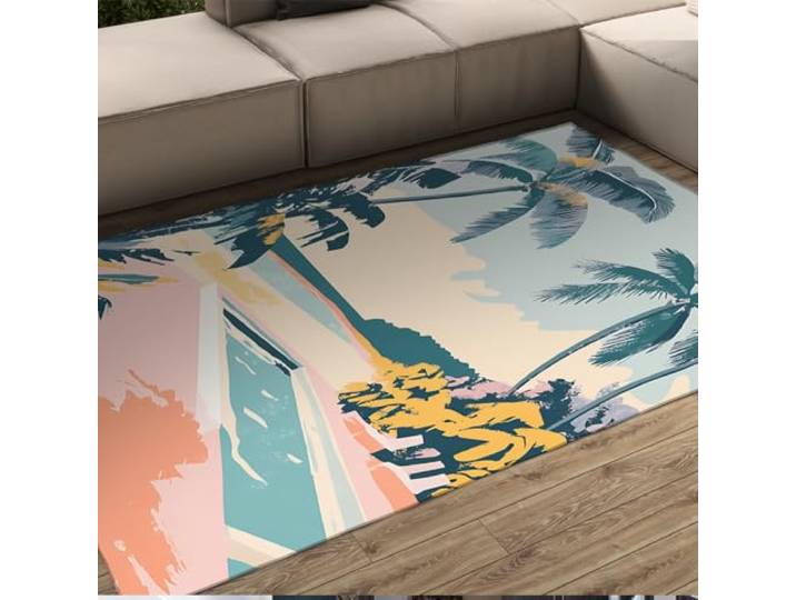 HOBBOY Anime stijl tapijt 180 x 240 cm strand zwembad palmboom gebied tapijten laagpolig tapijt voor badkamer veranda tapijten outdoor indoor welkomstmat