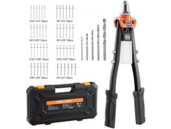VEVOR Riveteuse Manuelle à Deux Mains, Kit d'Outils à Riveter Complet, pour Métal Automobile Maison, Pince à Rivet Aveugle avec 230 Rivets, 5 Embouts Interchangeables, 5 Forets et 1 Mallette