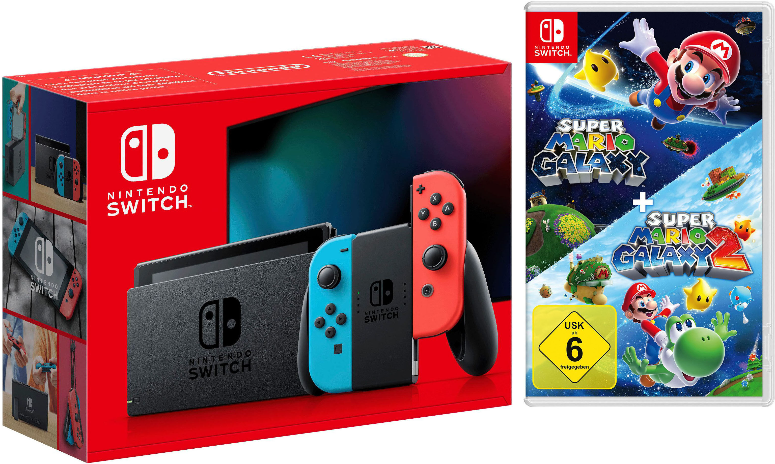 NINTENDO SWITCH Konsolen-Set "Switch + Super Mario Galaxy + Super Mario Galaxy 2", rot (neonrot, neonblau), B:23,9cm H:10,2cm T:1,39cm, Spielekonsolen
