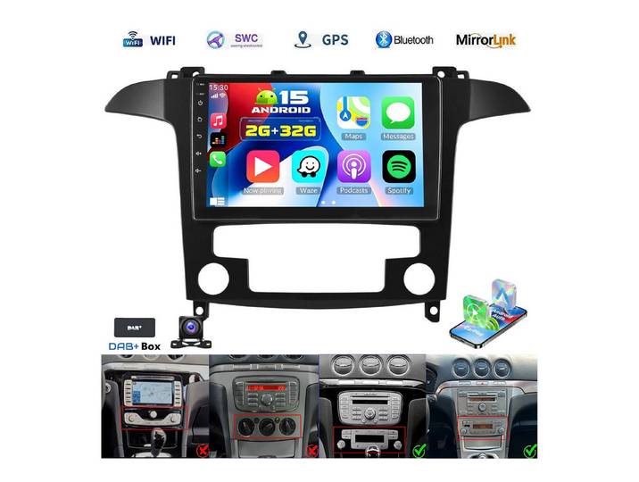 ESSGOO DAB+ Für Ford S-Max 2007-15 Android 15 Autoradio 2din Carplay GPS Navi Navigationsgerät (Carplay Android Auto Bluetooth EQ USB GPS Navi WIFI Touchscreen)
