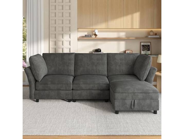 DUlVBPE Modulares Sofa, frei kombinierbares L‑Ecksofa, mit Stauraum‑Hocker, Cloud‑Sofa Sitzgefühl, weich gepolstert, Chenille Stoff, 2 Armlehnenkissen, 4‑Sitzer, für Wohnzimmer & Schlafzimmer, Grey