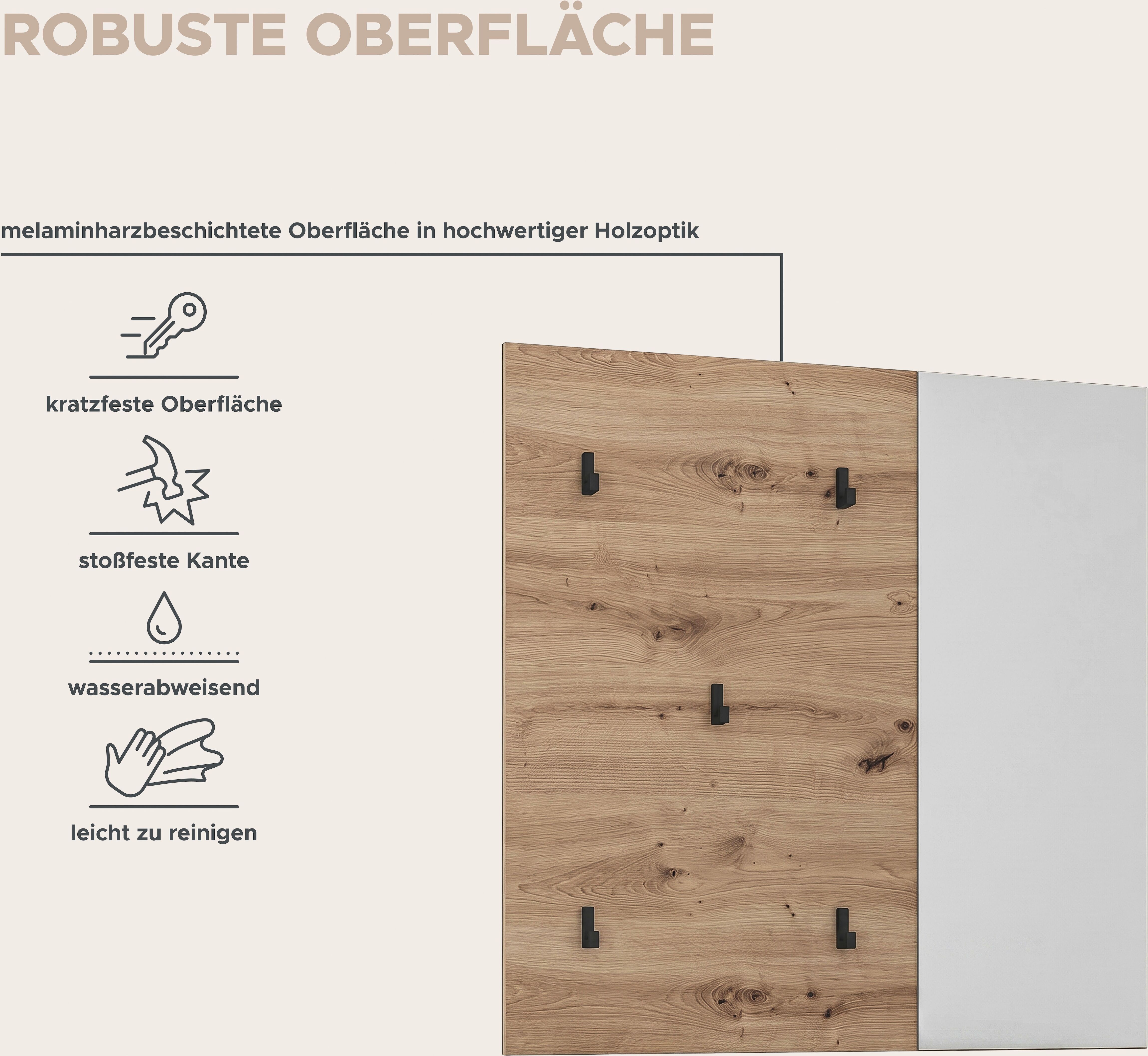 Garderobenpaneel GOODPRODUCT "FJELL, Breite 80cm, 5 Haken, Spiegel", braun (artisan eiche nachbildung), B:80cm H:80cm T:6cm, Holzwerkstoff, Garderobenpaneele, Garderobenpaneel artisan eiche nachbildung B/H/T: 80cm x 80cm x 6cm