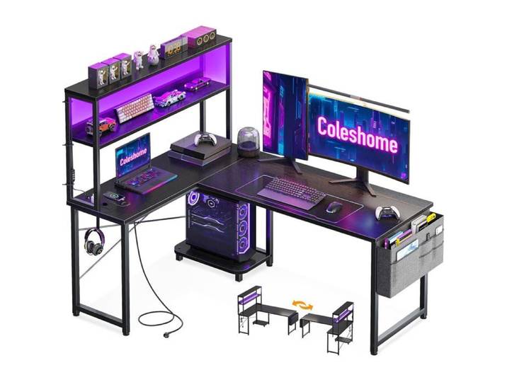 Bureau Gaming Angle Avec Led Et Prises 135×100 Cm Bureau Gaming Réversible Avec Étagères Table En L Avec Sac De Rangement Et Croch