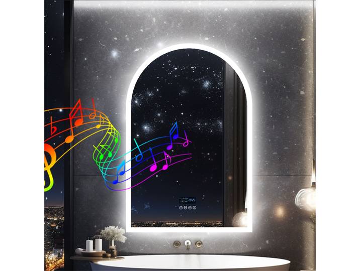 Miroir de salle de bain LED 60x90cm/ 23.62x35.43 , miroir mural en arc avec Bluetooth, intensité variable, Anti-buée, mémoire, affichage de la température et du temps