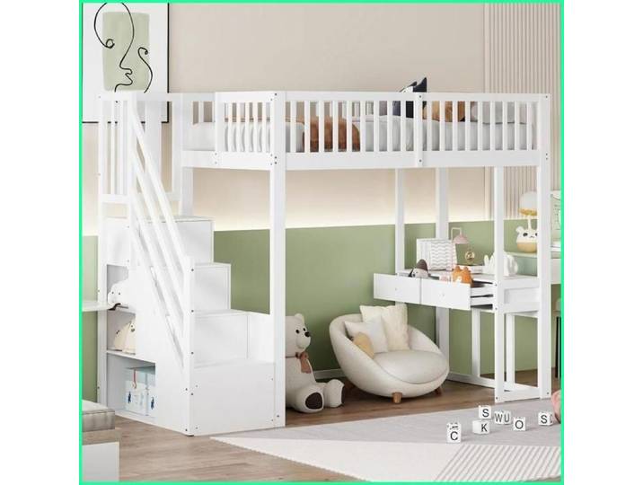 Mezzanine Bed 90x200 cm - Multifunction Table Safe Storage Ladder - Solid Pine - White for Kids & Youth