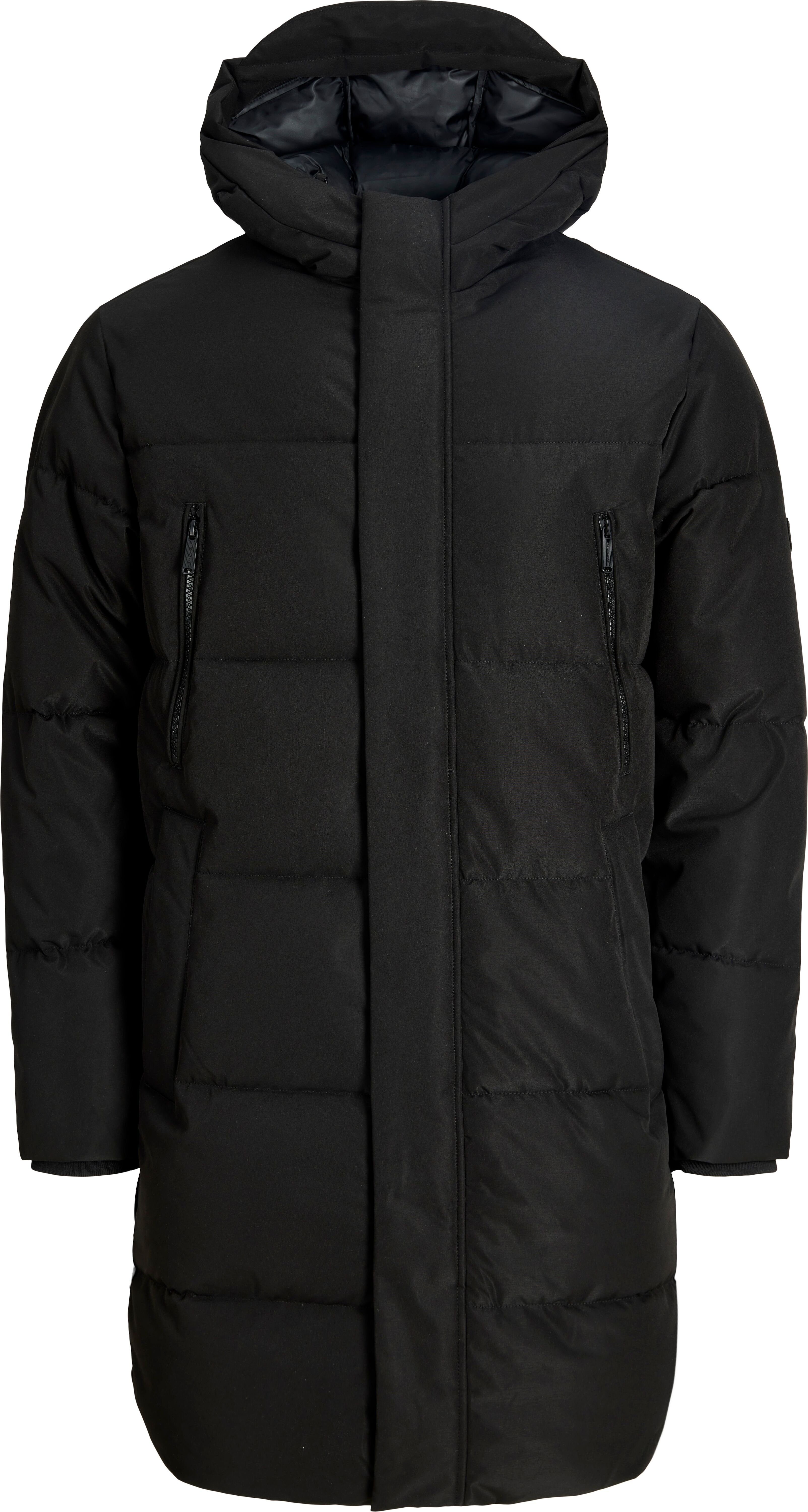 Steppjacke "JJEBECKS LONG PUFFER SN PLS", Herren, Gr. 6XL, schwarz, Web, Obermaterial: 100% Polyester, JACK & JONES PLUSSIZE, unifarben, kniebedeckend, Bündchen, Jacken Steppjacke, Kunstfaser, länger geschnitten schwarz 6XL