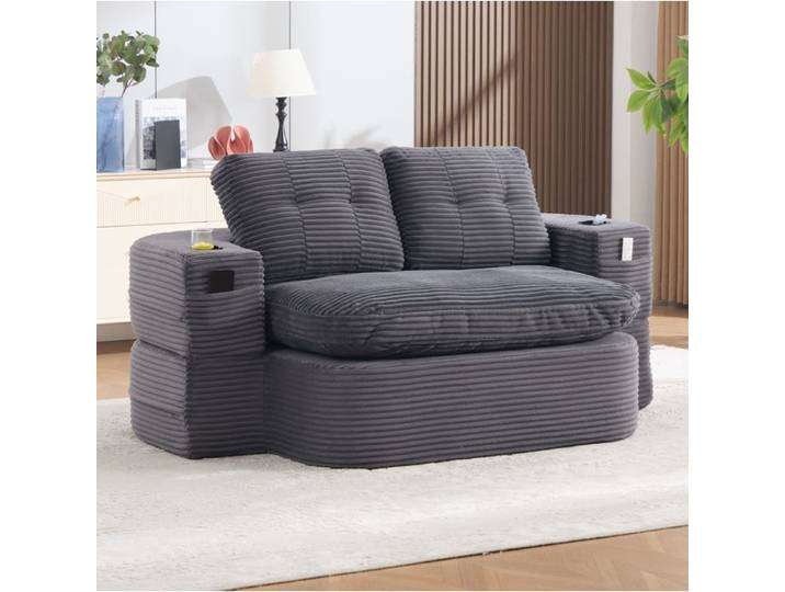 SENVIRO Fauteuil-lit 2-en-1 en corduroy 165 x 123 x 61 cm gris foncé accoudoirs amovibles porte-gobelets