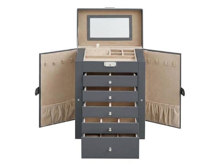 JOYFURNOS Boîte à bijoux à 6 niveaux, Boîte à bijoux avec 5 tiroirs, Grande capacité de rangement, avec miroir, Verrouillable, Organisateur de rangement pour bijoux, Cadeau pour les proches, pour montres, Gris