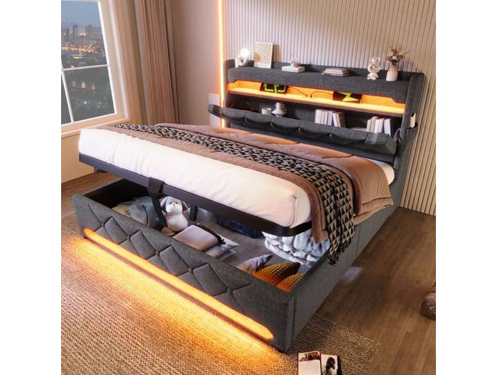 Lit capitonné 140x190 cm en lin gris avec LED surround 360 USB et rangement hydraulique – Sans matelas