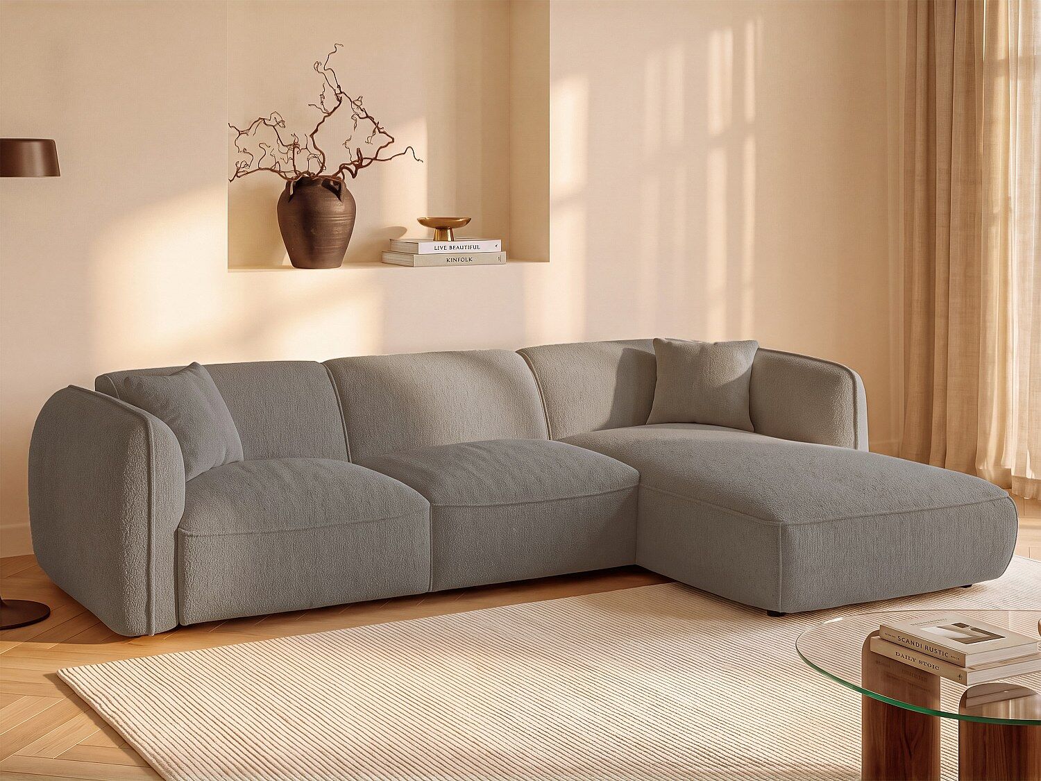 Unique Sofá cama rinconera derecha en chenilla topo - 5 plazas - CAMILIO