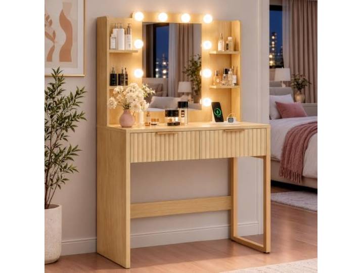 LEADZM Schminktisch mit Beleuchtung und Spiegel, Steckdose (Eichenfarbe） 85 x 40 x 135 cm, Massivholzkern, Feuchtigkeitsfest, Langlebig, Formstabil, 10 LED, 2 Schubladen, 4 Fächer, Vanity Table