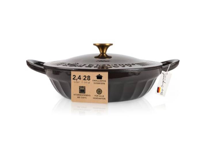 Römertopf Schmorpfanne Gusseisen 28 cm 2,4 L mit Deckel, Anthrazit Sautépfanne zum Anbraten und Schmoren, alle Herdarten inklusive Induktion, ofenfest 250 °C, PFAS-frei