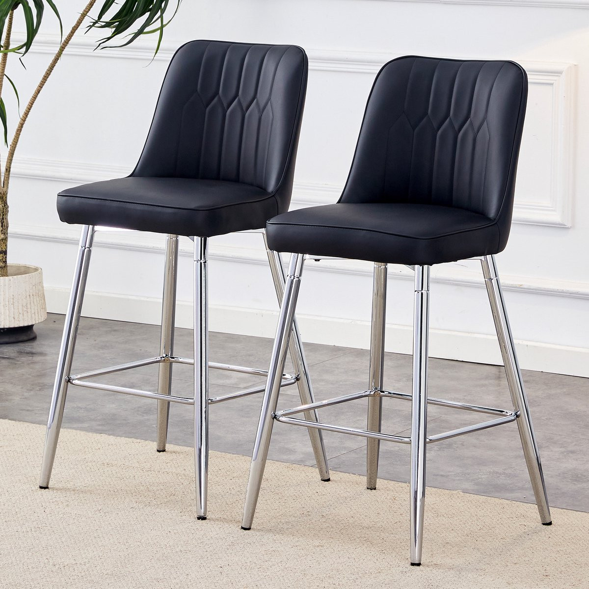 DESMIU Barkruk Set van 2 met rugleuning en voetsteun, Zwart Zilver, 100 cm