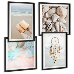 BILDER SET 4er Set - 50x50 cm & 40x60 cm Schwarzer Rahmen - Boho-Buch mit Muscheln