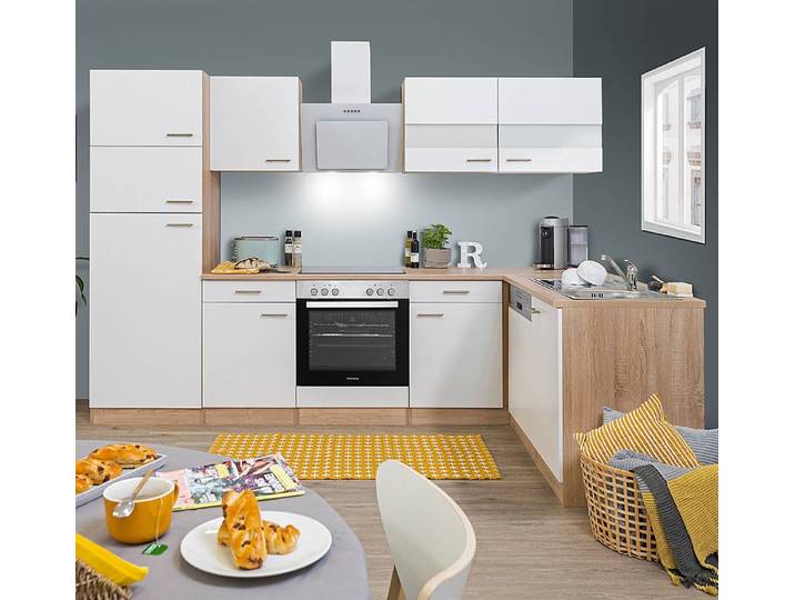 Cuisine angle Merle et lave-vaisselle 280cm Blanc/Marron/Blanc Vitrocéramique