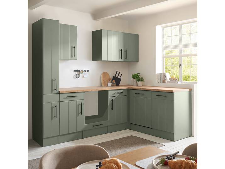 Cuisine d’angle Anton 250cm Vert/Vert roseau Sans table de cuisson Sans électroménager