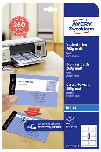 Avery-Zweckform C32015-10 Bedruckbare Visitenkarten, glatte Kanten 85 x 54mm Weiß 80 St. Papierformat: DIN A4