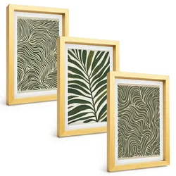 BILDER SET 3er Set - 20x30 cm Goldrahmen - Blattmuster wellenförmige Formen