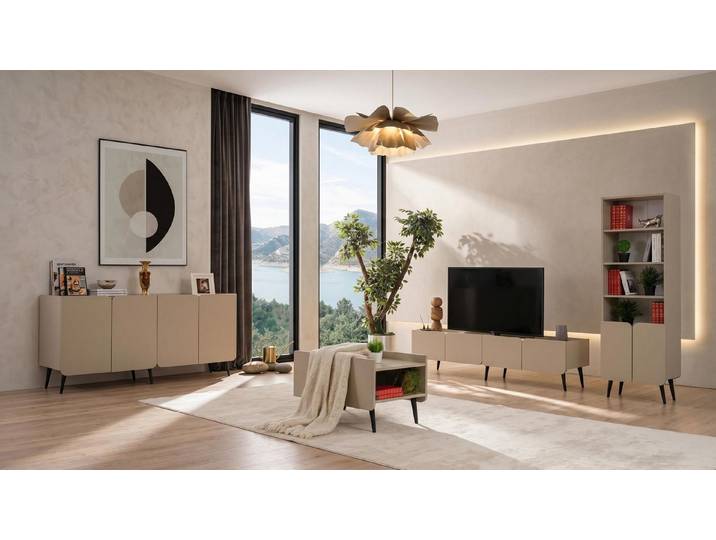 JVmoebel TV-Wand Beiges Wohnzimmer-Set: TV-Schrank, Couchtisch, Bücherregal, Made in Europa