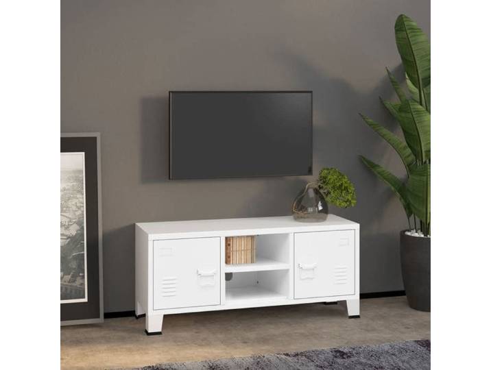 SALE 2026  Armoire TV moderne Blanc - Meuble TV industriel Blanc 105x35x42cm Métal PRO689632661