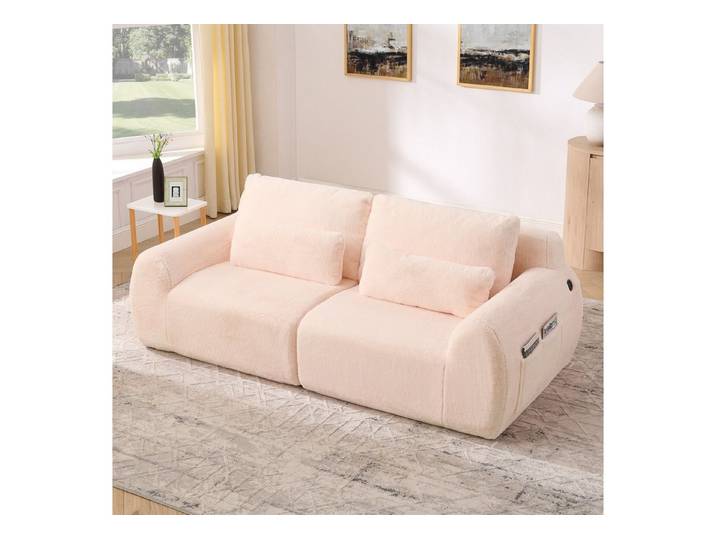 Odikalo 2-Sitzer Modulares Sofa mit USB, weiches Kaninchenstil-Kunstfell, hohe Rückfederung, mit USB-Ladeanschluss und seitlicher Magazintasche