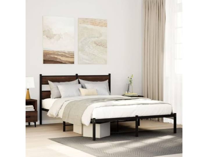 Stahlkonstruktion mit Stauraum Schlafzimmer Bettgestell klassisch 160x200 Bettgestell ohne Matratze mit Kopfteil Braun Eiche 160x200 cm Metall Lattenrost Stauraum Stabil