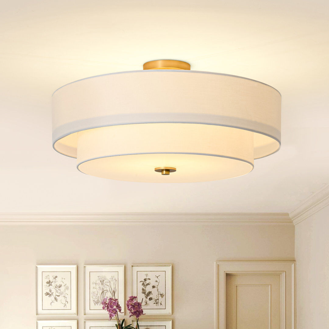 George Oliver 4-Light White Linen Shade Round Drum Design Brass Semi Flush Mount Brass 2-Tier
