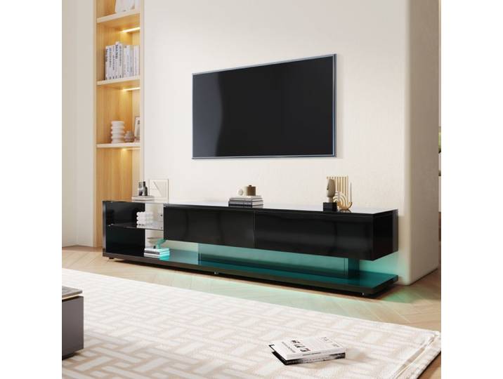 Armoires TV lowboards meubles de salon haute brillance. Des cloisons en verre et un éclairage LED variable. Il allie un style