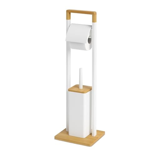 Relaxdays Bamboe WC-set met toiletborstel en reserverolhouder, wit of zwart