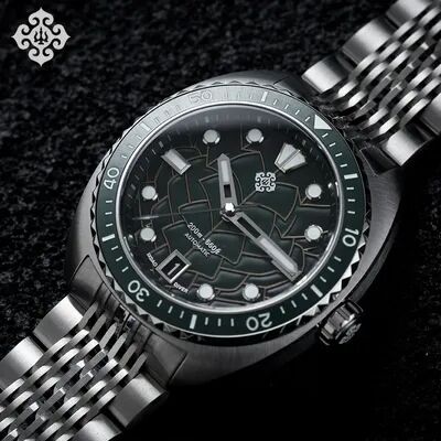 DynamicDeals New Men Automatic Mechanical Watch, Dragon Scale Pattern Diving Watch, 20Bar Stainless Steel BWG 9 Reloj Hombre green Dragon Scale