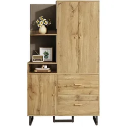 Kompaktgarderobe Flurgarderobe mit Stoffpaneelen 110x186x38 cm in Schwarz und Natur, Ausziehbare Kleiderstange, Schubladen und Offene Regale