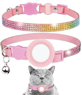 Everyday Crate Luxury Rhinestone AirTag Pet Collar With Safety Breakaway Buckle & Bell For Cats And Small Dogs color Diamond Pink
