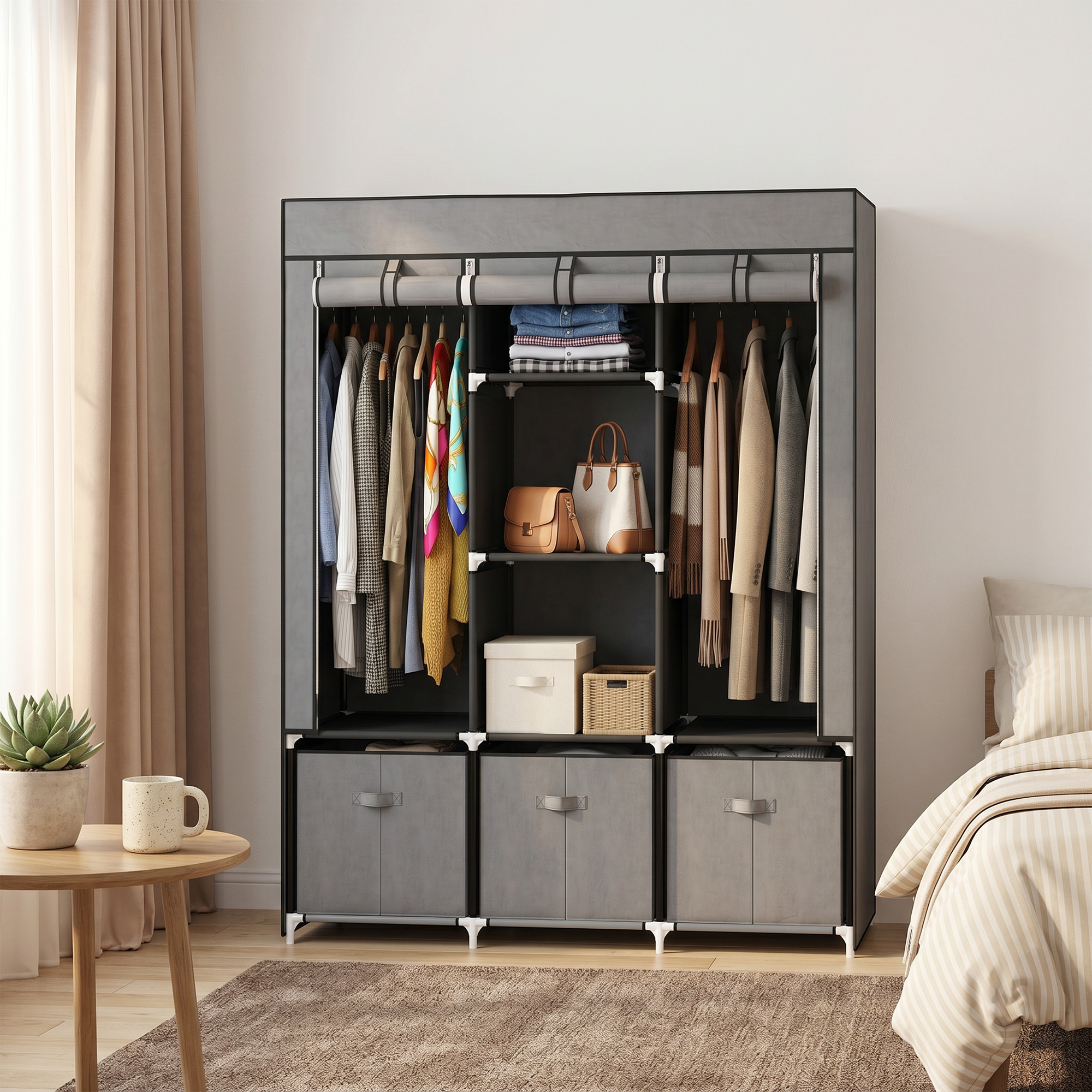 Homcom Armadio in Tessuto Pieghevole con Cassetti e Ante Avvolgibili con Zip, 125x43x162.5cm, Grigio Scuro Aosom