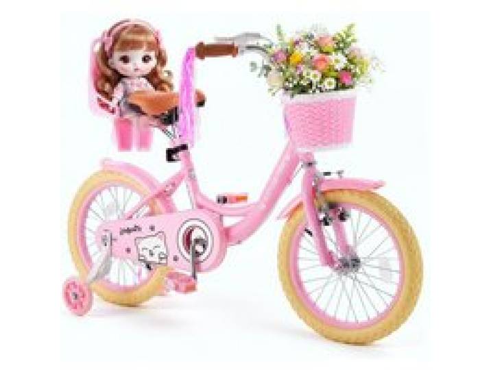 VEVOR Kinderfahrrad für 4-7 Straßenfahrrad 16 Zoll mit Stützrädern Rosa, Kinderrad aus Kohlenstoffstahl für Mädchen, Prinzessin-Stil, Doppelbremsen, Verstellbarer Sitz, mit Puppensitz & Vorderkorb