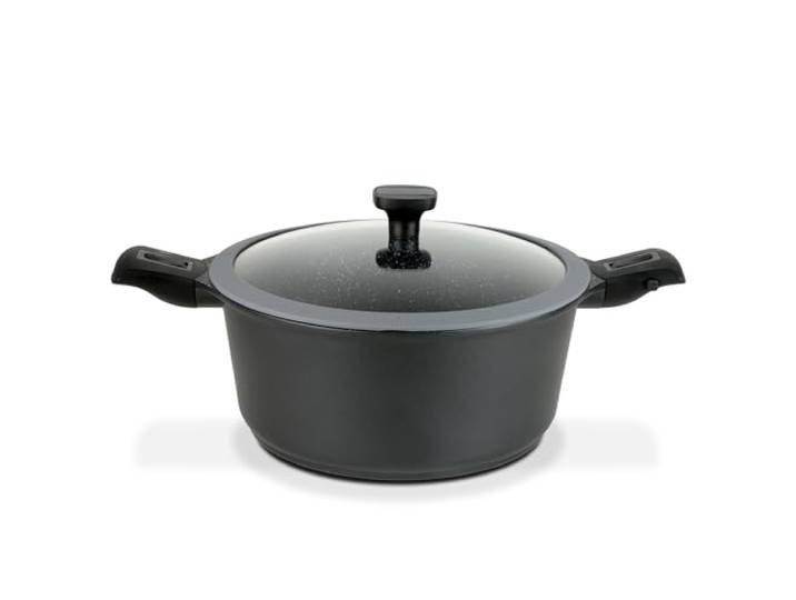 GSW 167857 Easy Click Kochtopf mit Glasdeckel und abnehmbaren Griffen, Aluminium, schwarz - ⌀24 cm