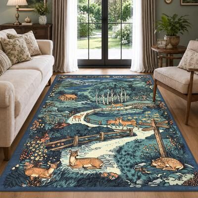 BLUEBELL Vintage Woodland Deer Washable Area Rug, Low Pile Non Slip Botanical Landscape Carpet
